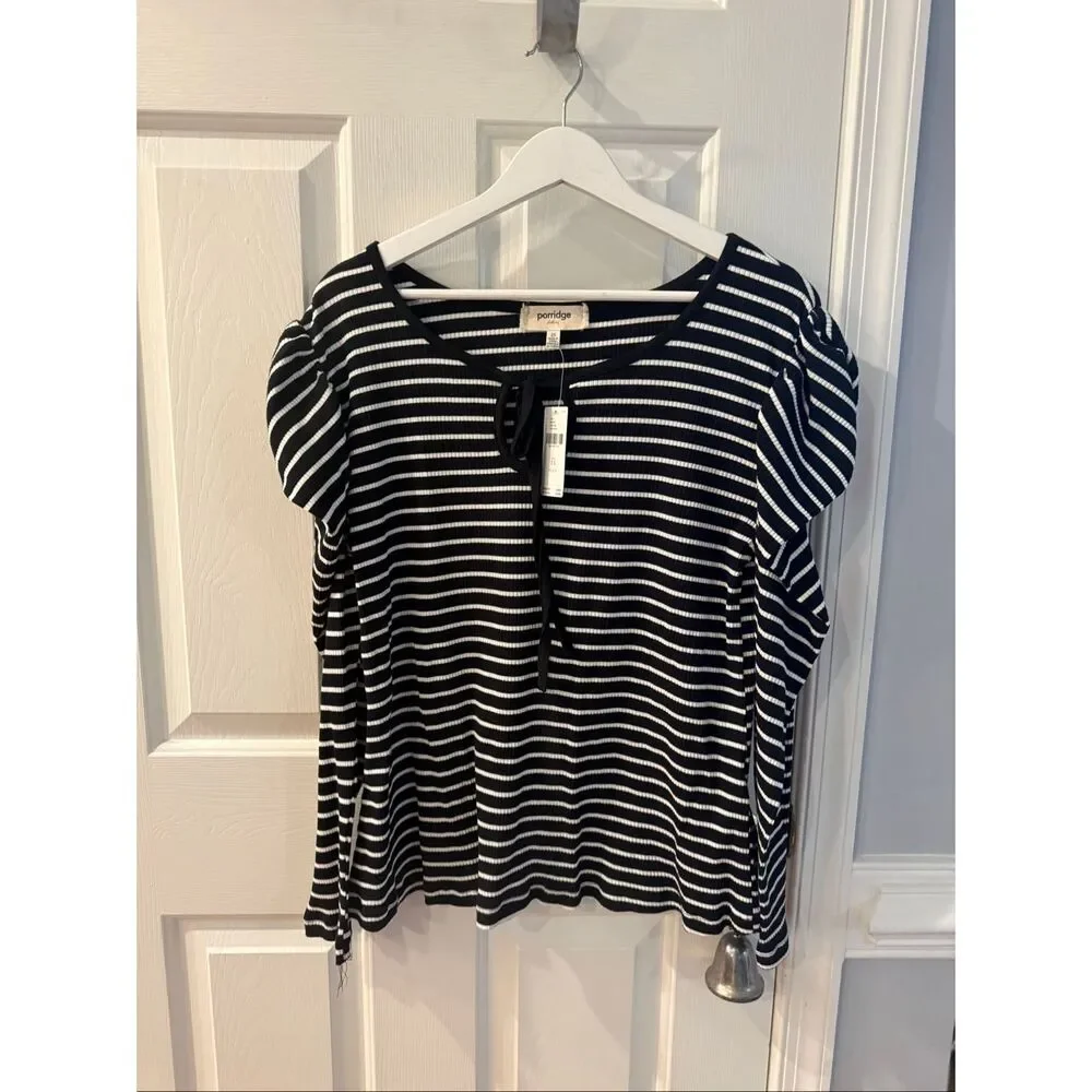 Anthropologie Porridge Black & White Stripe Keyhole Puff Sleeve Top sz 2X NWT